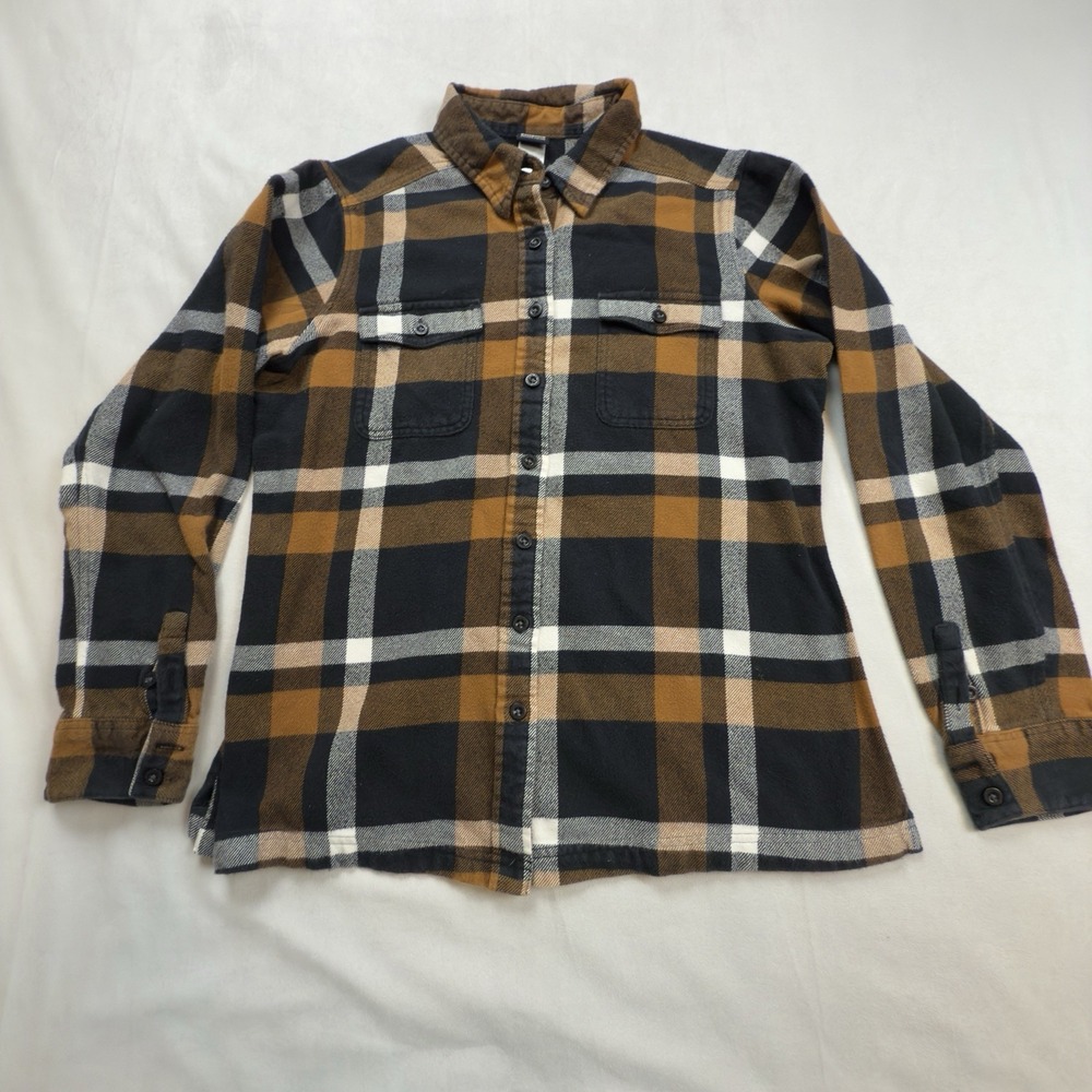Patagonia Women's Button Up Flannel Plaid Shirt Size 12 Brown Black Gray‎